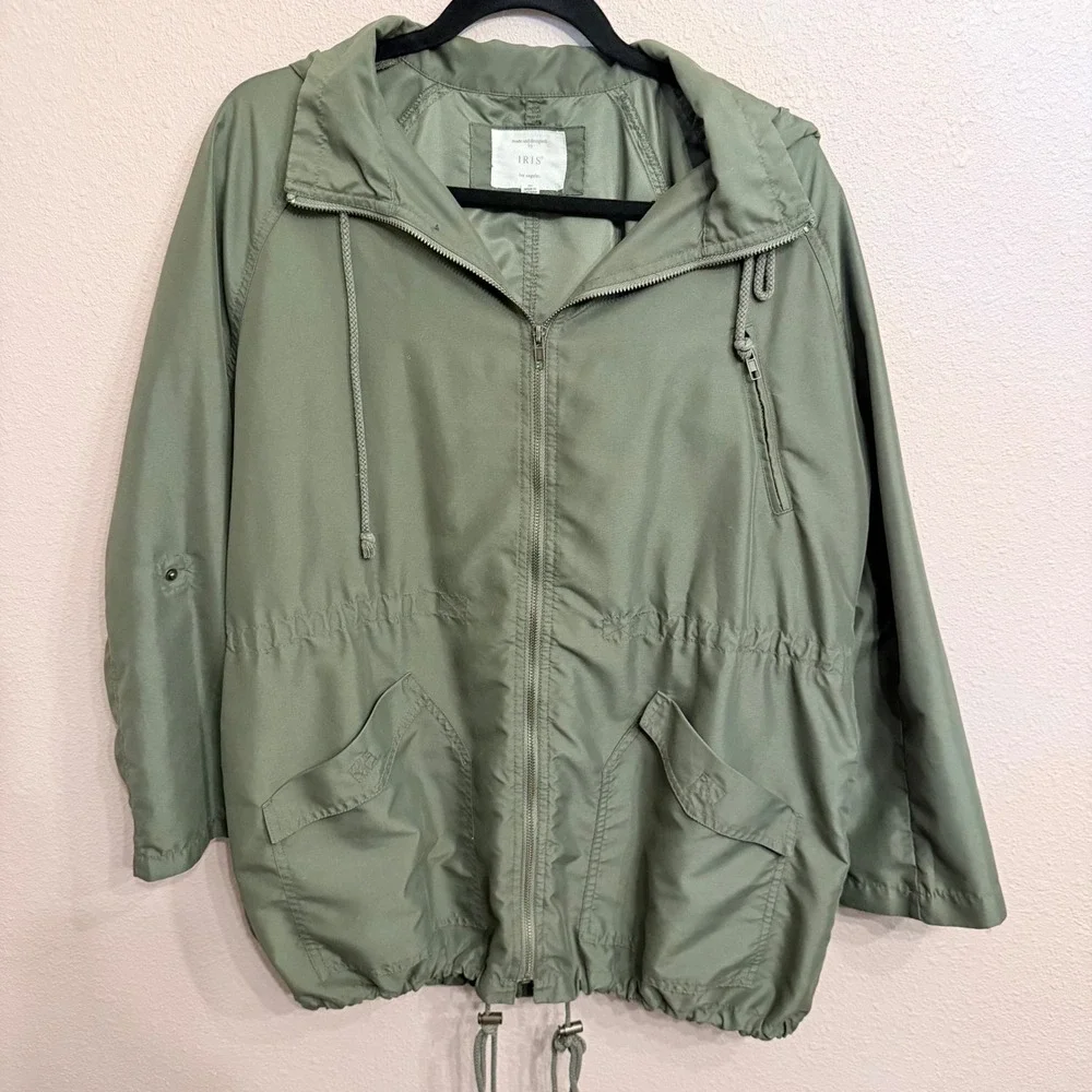 Iris Los Angeles Womens Olive Green Hooded Anorak Utility Jacket Medium